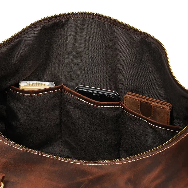 52cm Vintage Genuine Leather Travel Duffle Bag for Men: Large Cowhide Weekend Shoulder Bag