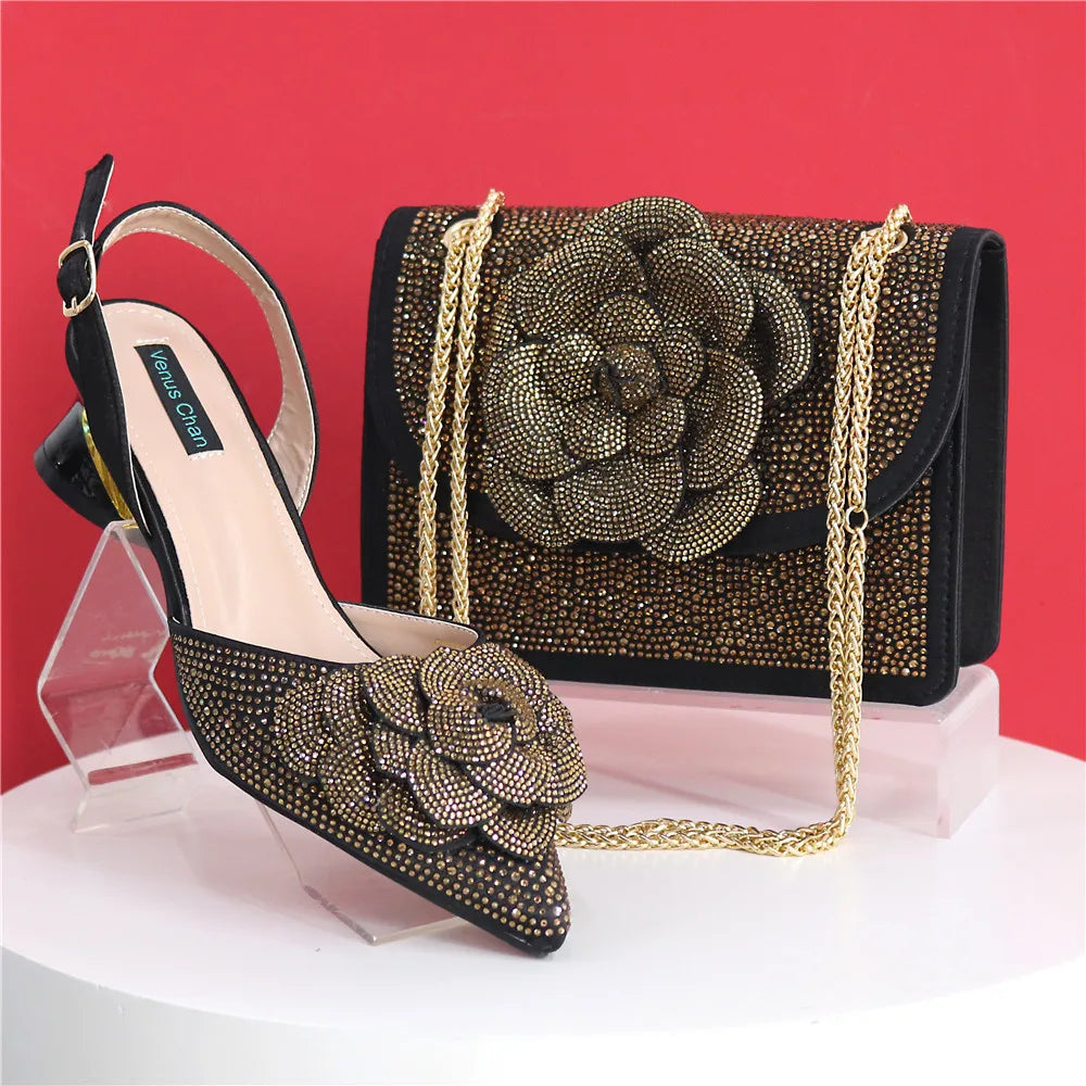 Peach Color Elegant Lady Shoes & Bag Set: Rhinestone Embellished with Pearl Knot