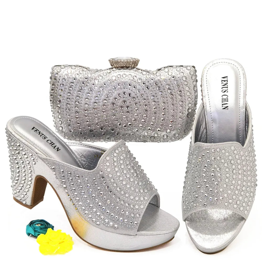 2025 Italian Style Women’s Banquet Shoes & Bag Set: Rhinestone Decoration with High Heels