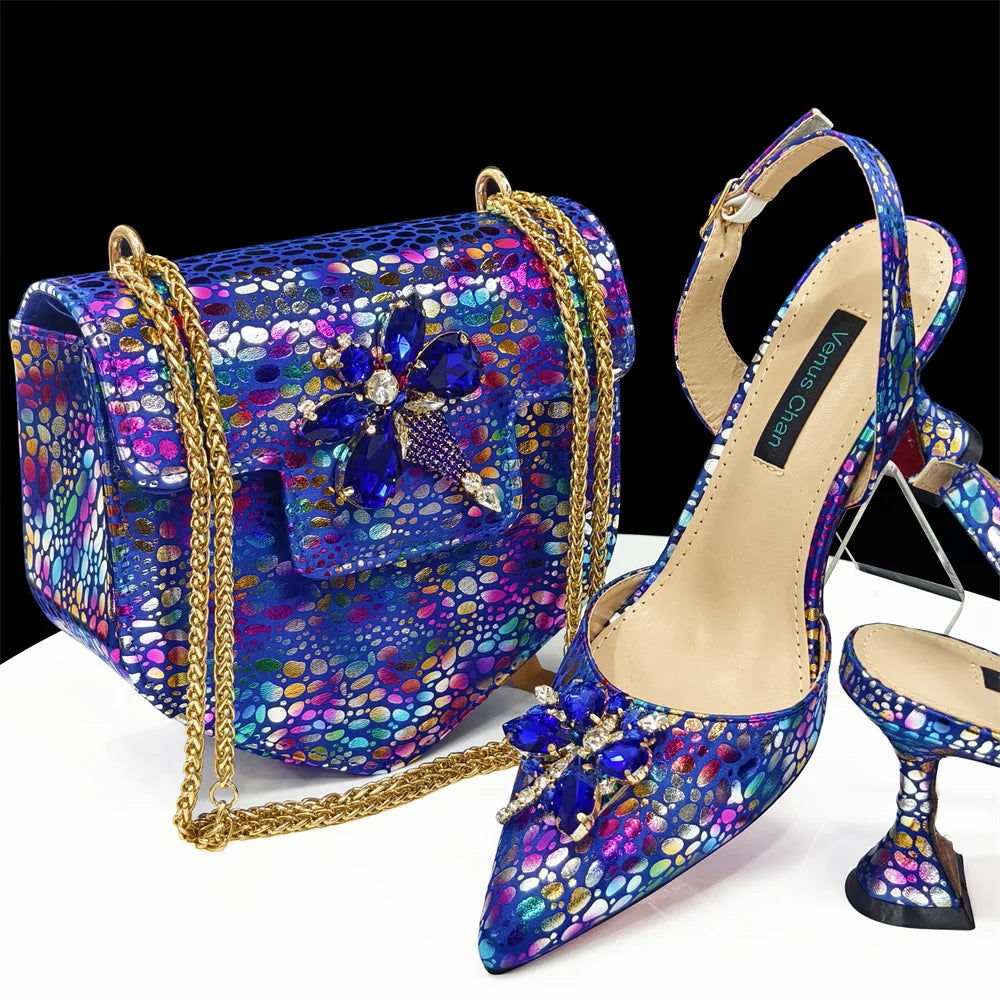 2025 Champagne Color Ladies Shoes & Matching Bag Set: Pointed Toe Crystal Design