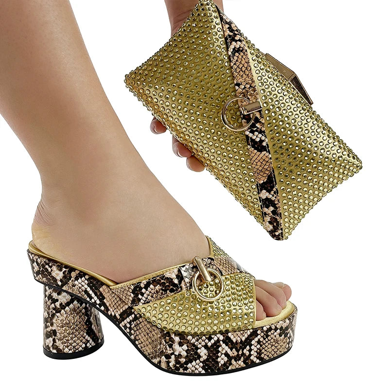 Fashionable Top Italian Designers 2025: Luxury Elegant Clutch Bag & Bright Diamond Snake Print Summer Women’s High Heels