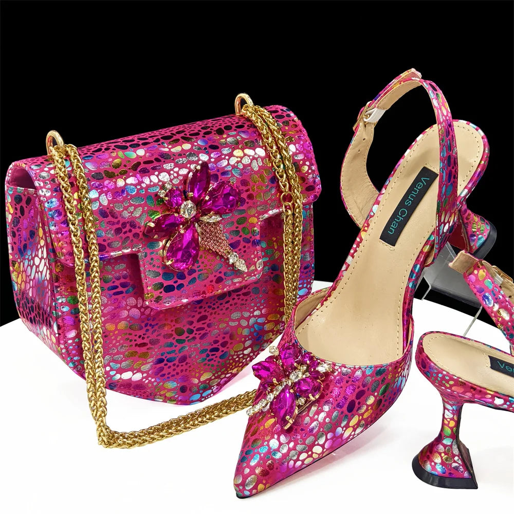 2025 Champagne Color Ladies Shoes & Matching Bag Set: Pointed Toe Crystal Design