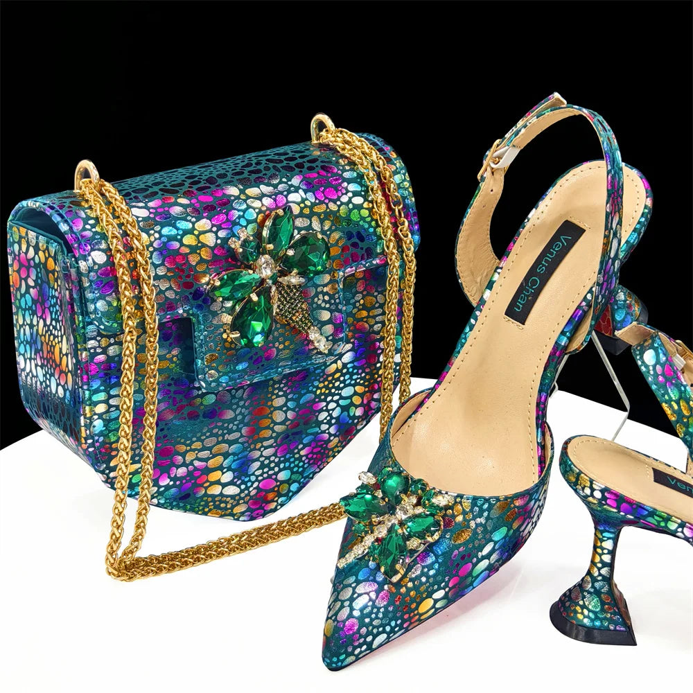 2025 Champagne Color Ladies Shoes & Matching Bag Set: Pointed Toe Crystal Design