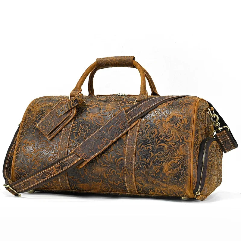 52cm Vintage Genuine Leather Travel Duffle Bag for Men: Large Cowhide Weekend Shoulder Bag