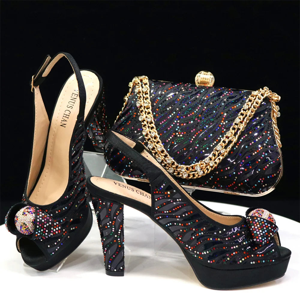 New Arrival: Black Color Women's Heel Shoes Matching Bag Set – Butterfly Design for Wedding Parties