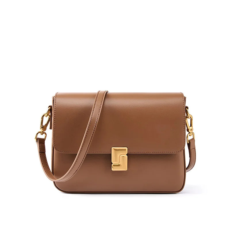 2025 Women's Gold Buckle Real Leather Bag: Small Square Crossbody & Tote