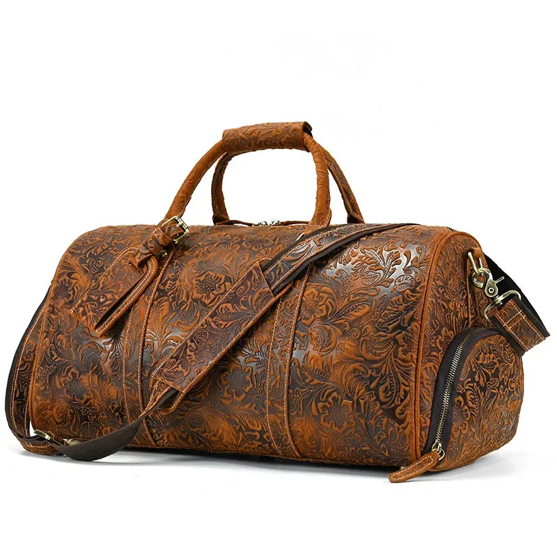 52cm Vintage Genuine Leather Travel Duffle Bag for Men: Large Cowhide Weekend Shoulder Bag