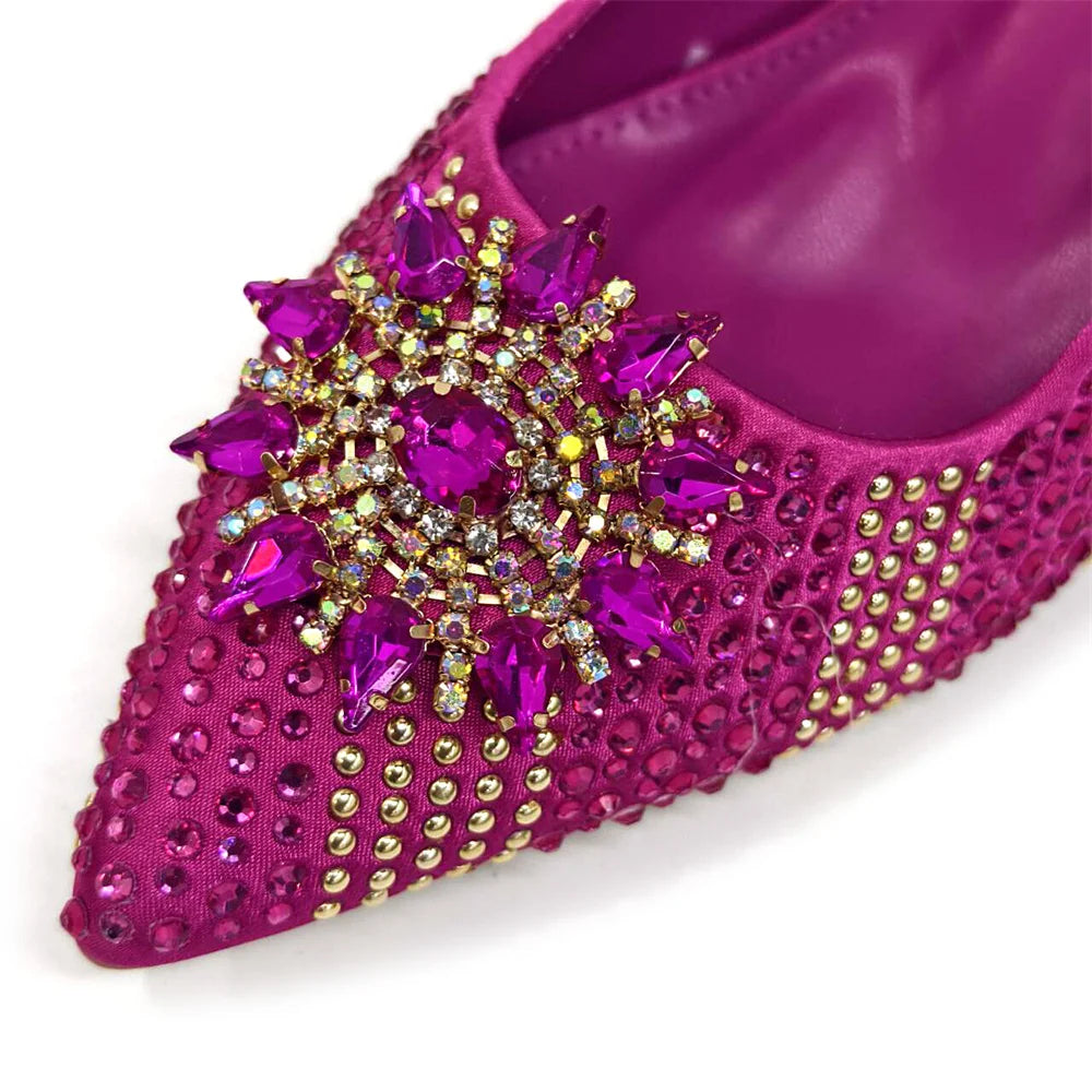 2025 New Design Specials: Italian Women’s Shoes and Bag Set in Fuchsia Color – Comfortable High Heels with Rhinestone Accents