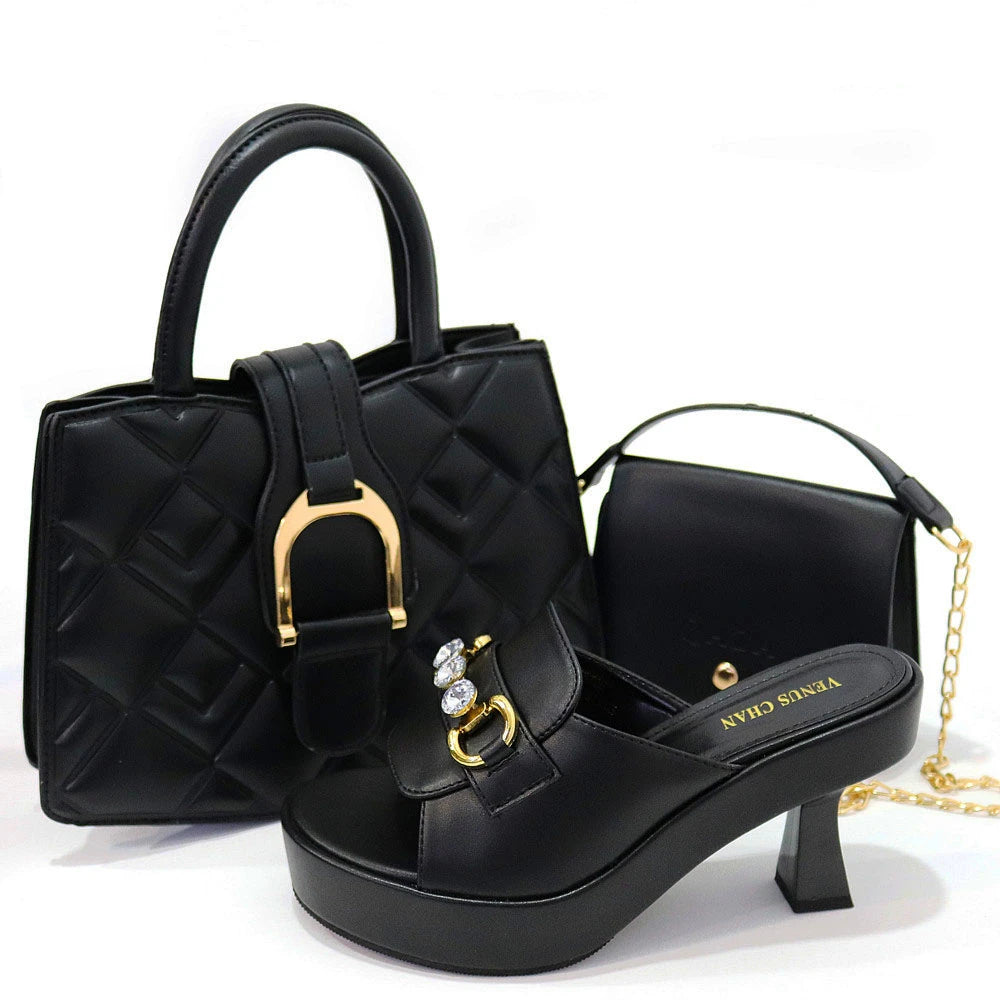 2025 Women's High Heel Shoes & Bags Collection: Open Toe Leather with Elegant Decoration