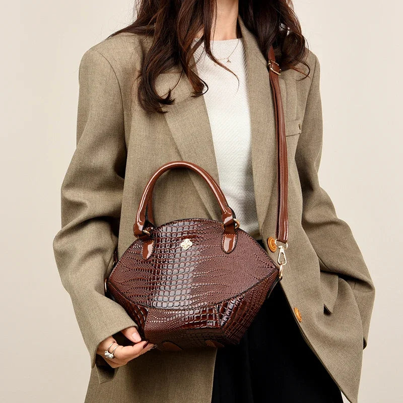 Women's Leather Crocodile Pattern Crossbody Bag: Classic Khaki, Coffee, and Black Handbag