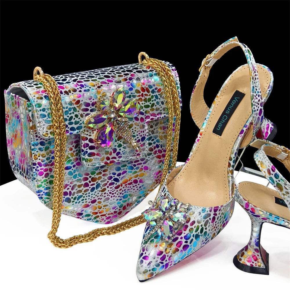 2025 Champagne Color Ladies Shoes & Matching Bag Set: Pointed Toe Crystal Design