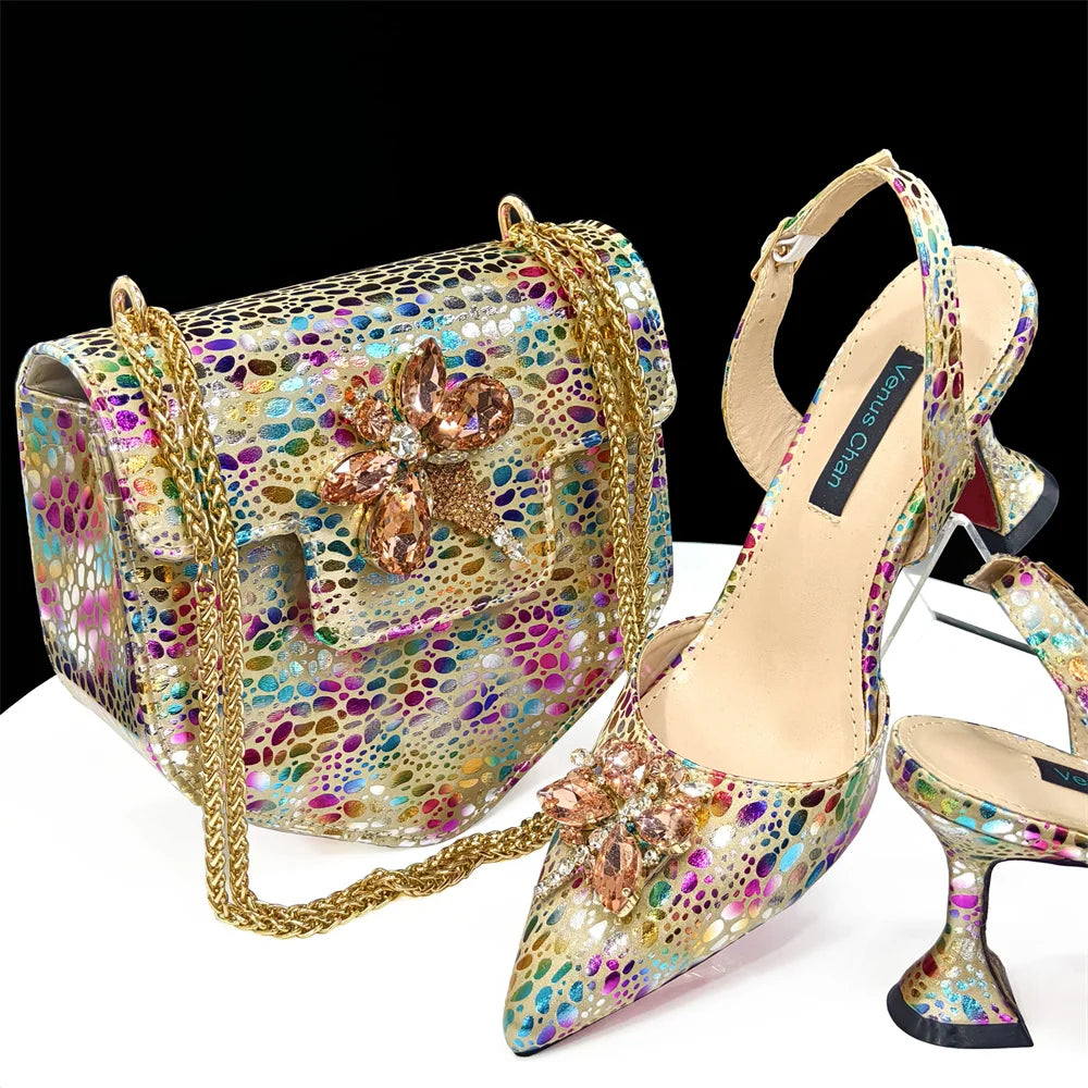 2025 Champagne Color Ladies Shoes & Matching Bag Set: Pointed Toe Crystal Design