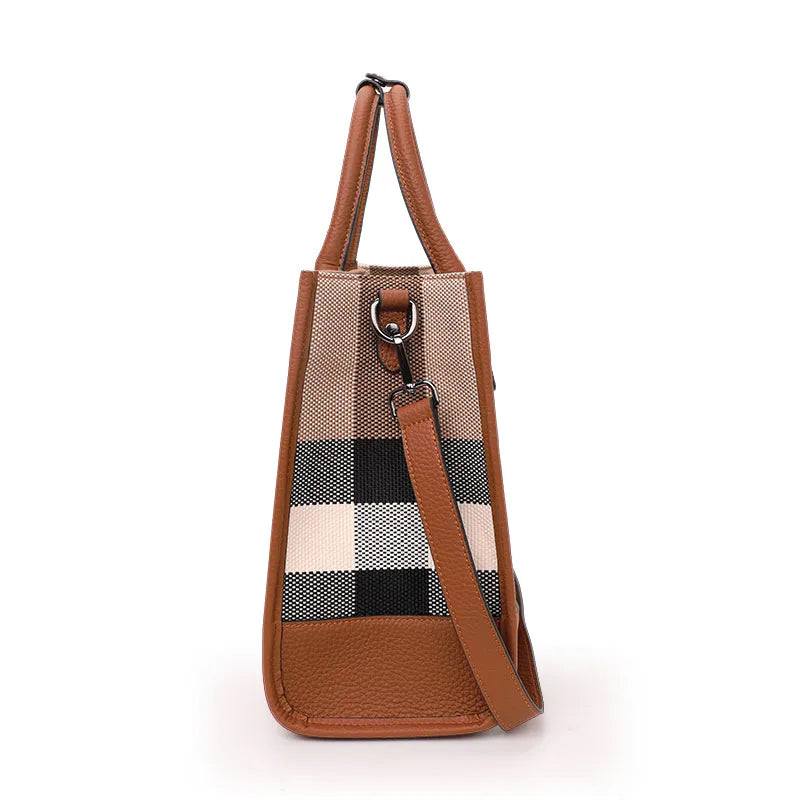 Plaid Canvas Women's Handbag: Classic Large Capacity Cowhide Crossbody & Shoulder Bag