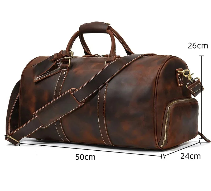 52cm Vintage Genuine Leather Travel Duffle Bag for Men: Large Cowhide Weekend Shoulder Bag