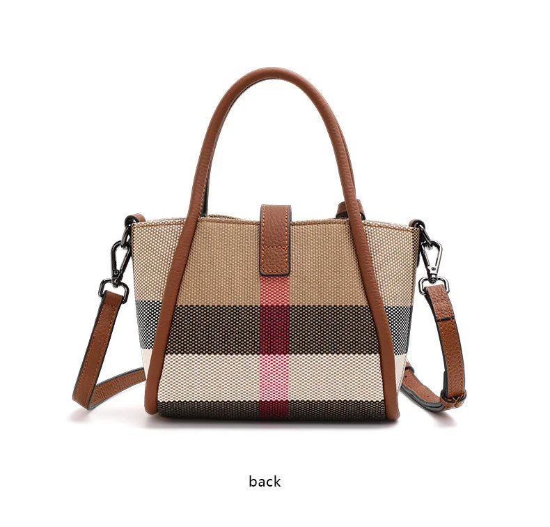 Women's Mini Plaid Handbag: Canvas & Cowhide - Brown