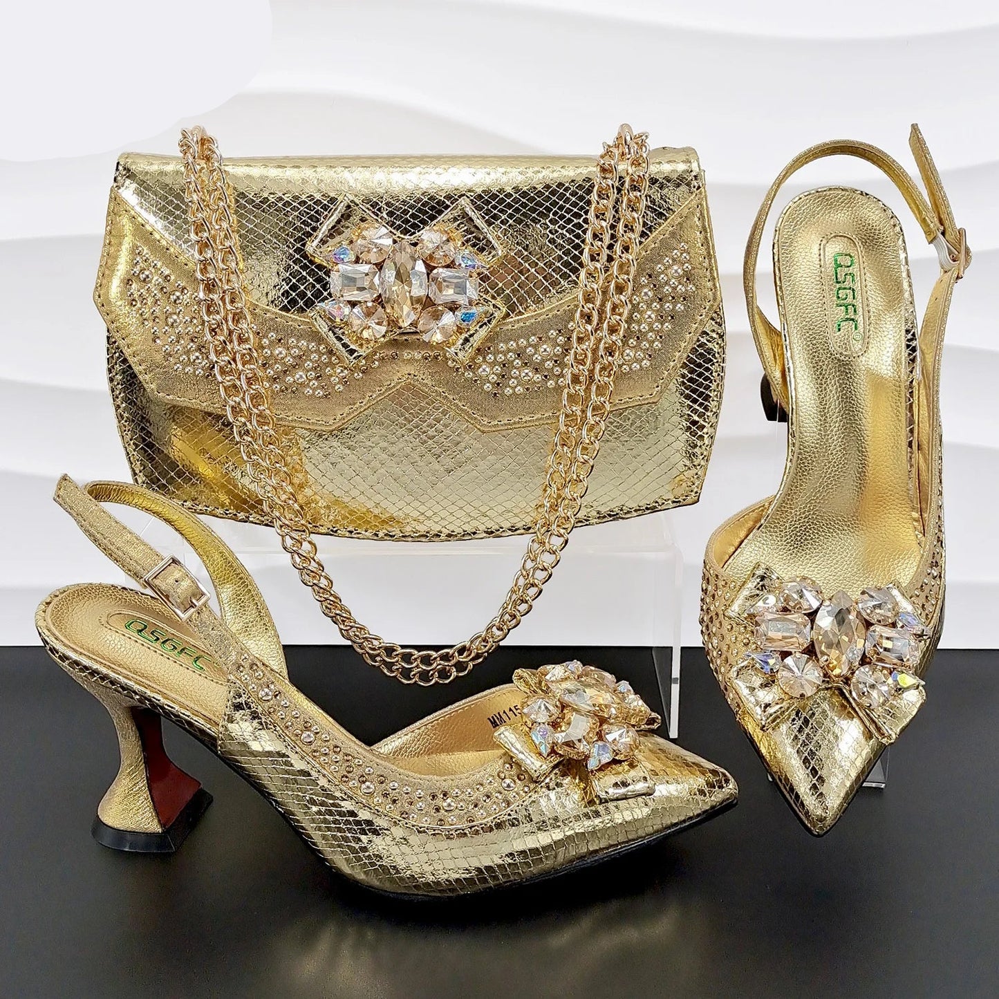 Italian Design Brown Color Women's Shoes and Bag Set - 2025 New High Heels with Crystal Accents for Wedding Parties