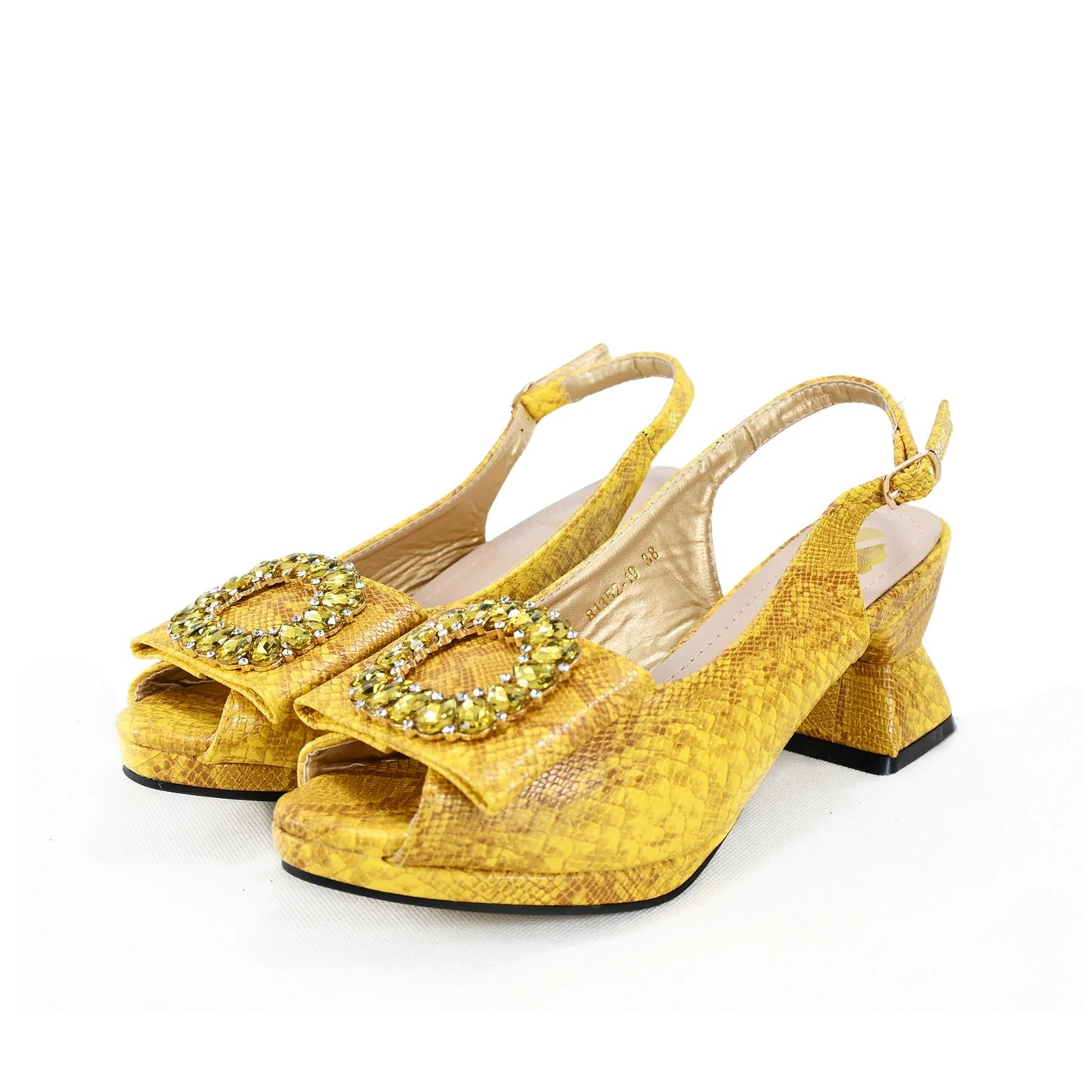 2025 Autumn Collection: Italian Women's Comfortable Mid Heel Shoes & Bag Set with Rhinestones in Vibrant Yellow