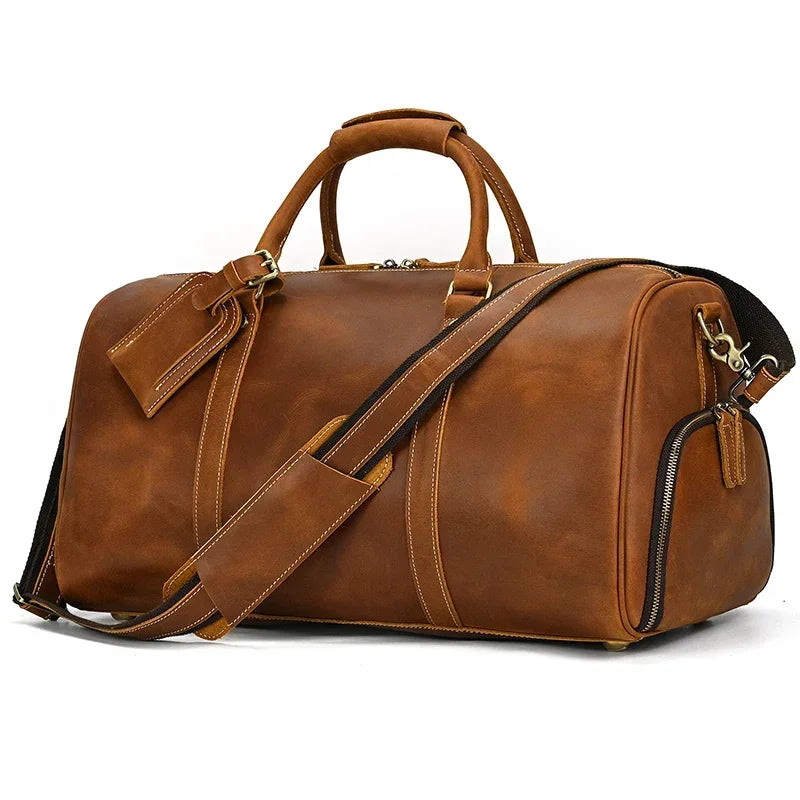 52cm Vintage Genuine Leather Travel Duffle Bag for Men: Large Cowhide Weekend Shoulder Bag