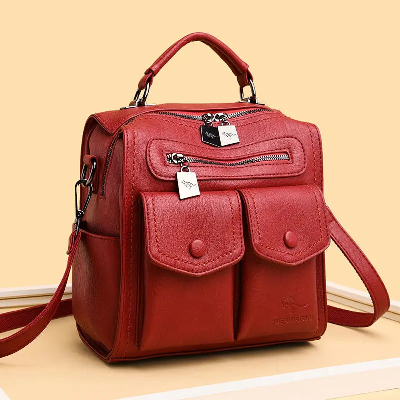 2025 New Fashion Backpack: Women's Casual Multi-Functional Leather Square Shoulder Bag