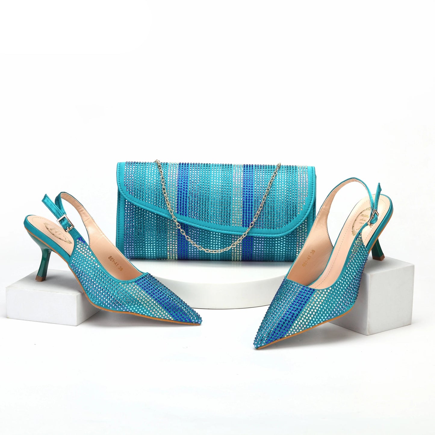 2025 Stylish Teal Pointed Toe Shoes & Bag Set for Women