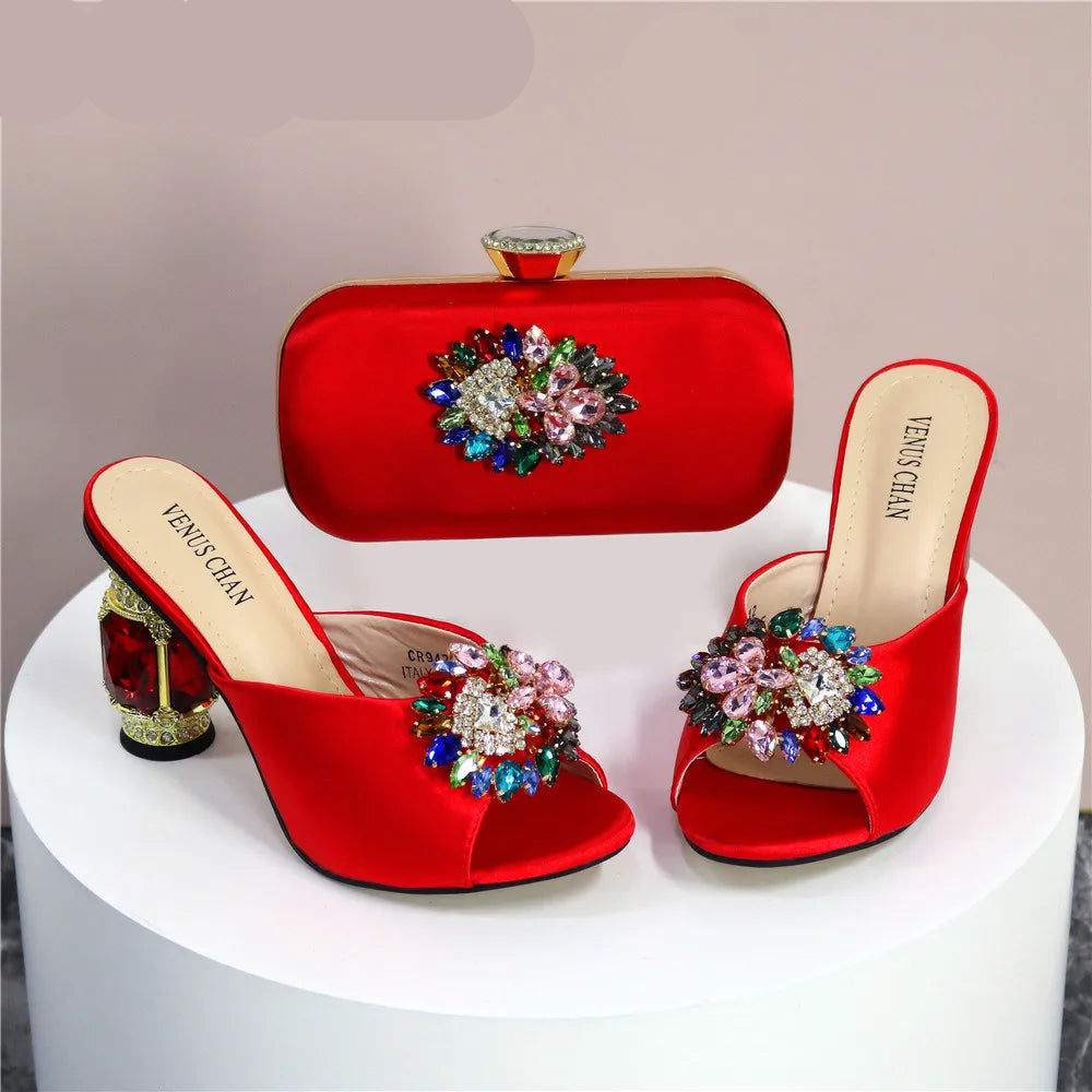 Elegant Red Chunk Heels Sandals: Versatile Party Shoes & Bag Set