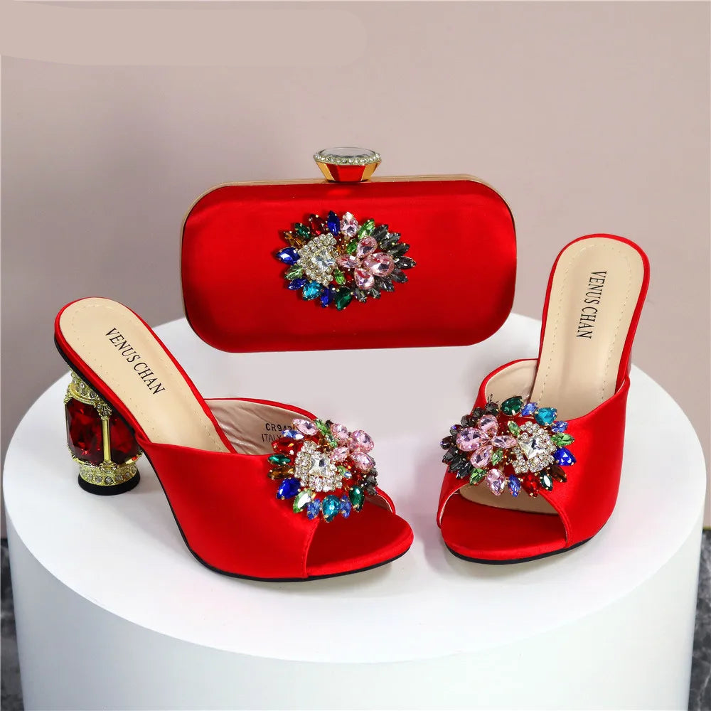 Elegant Red Chunk Heels Sandals: Versatile Party Shoes & Bag Set