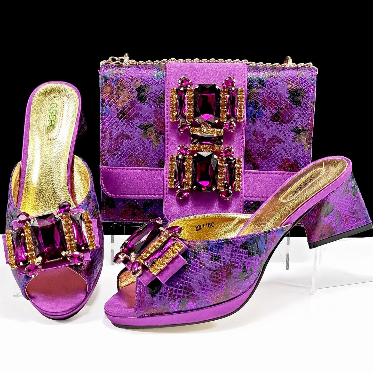 Elegant Women's Peep Toe Heels & Rhinestone Purple Sandals - Italian Shoes and Bags Matching Set 2025