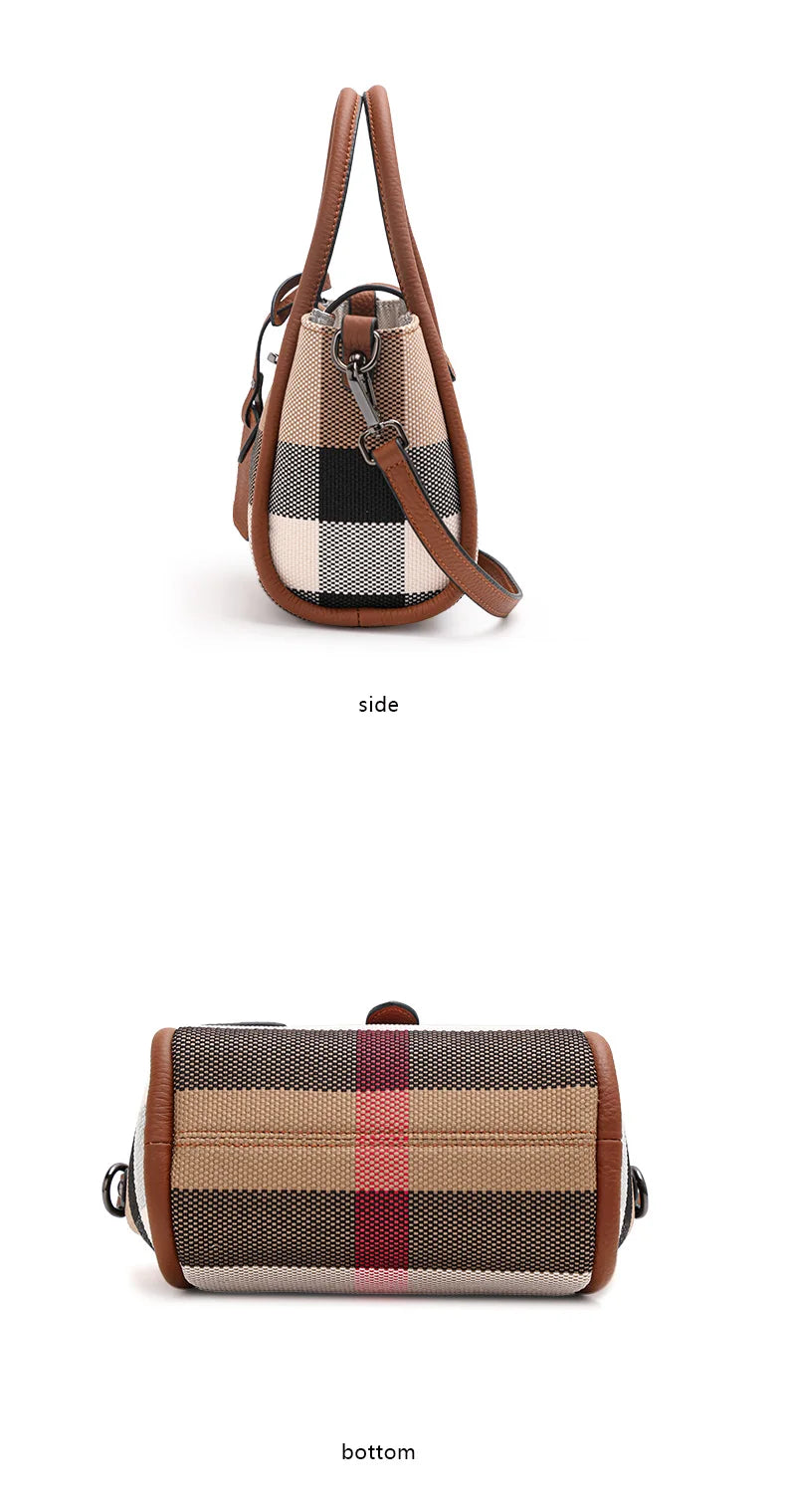 Women's Mini Plaid Handbag: Canvas & Cowhide - Brown