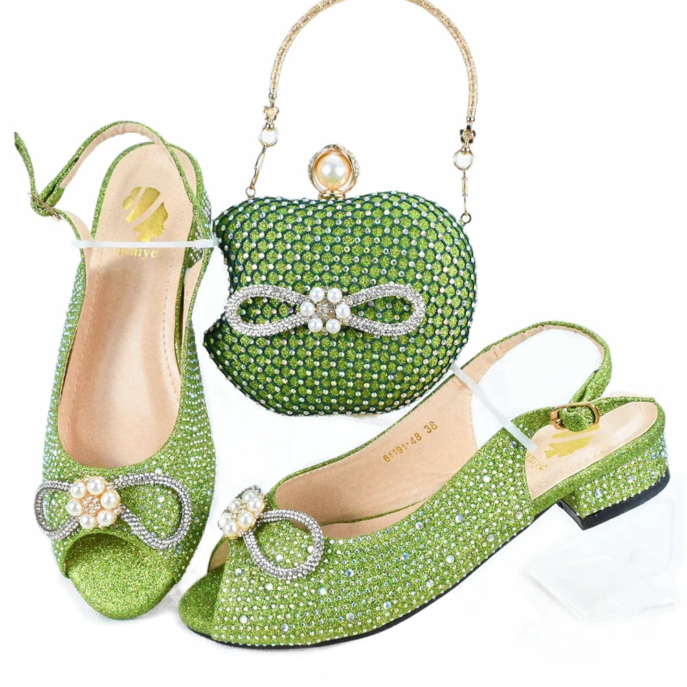 Apple-Shaped Green Designer Shoulder Bag & Matching Shoes - Italian Shoes and Bag Set for Wedding Parties