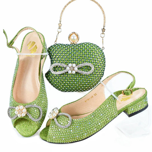 Apple-Shaped Green Designer Shoulder Bag & Matching Shoes - Italian Shoes and Bag Set for Wedding Parties