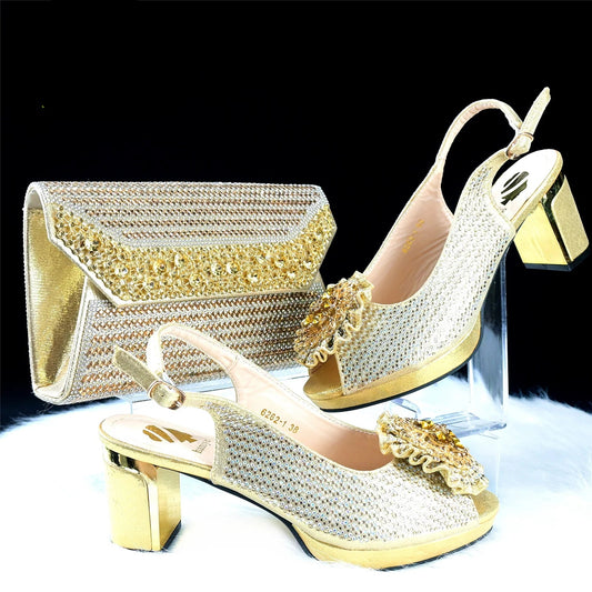 2025 Italian Royal Collection: Gold Rhinestone-Embellished Sandals & Matching Bag Set in Classic Style for Weddings