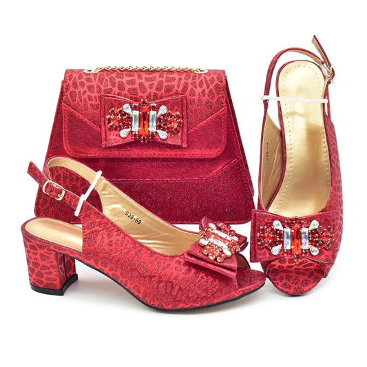 New Design Italian Shoes and Bag Set for Party 2025 - Elegant Red Peep Toe High Heels with Rhinestones