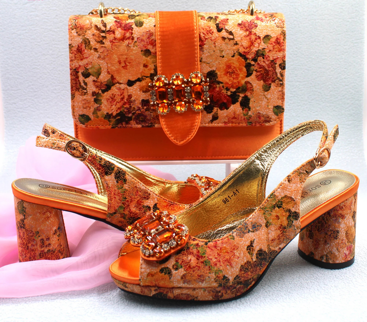 2025 Elegant Yellow Comfort Heels & Bag Set for Women - High-Quality Italian Design with Sparkling Crystals