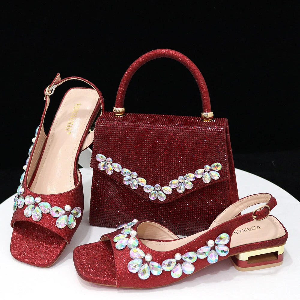 2025 Italian Fashion Women's Heels & Bag Set: Elegant Flower Decoration with Rhinestones