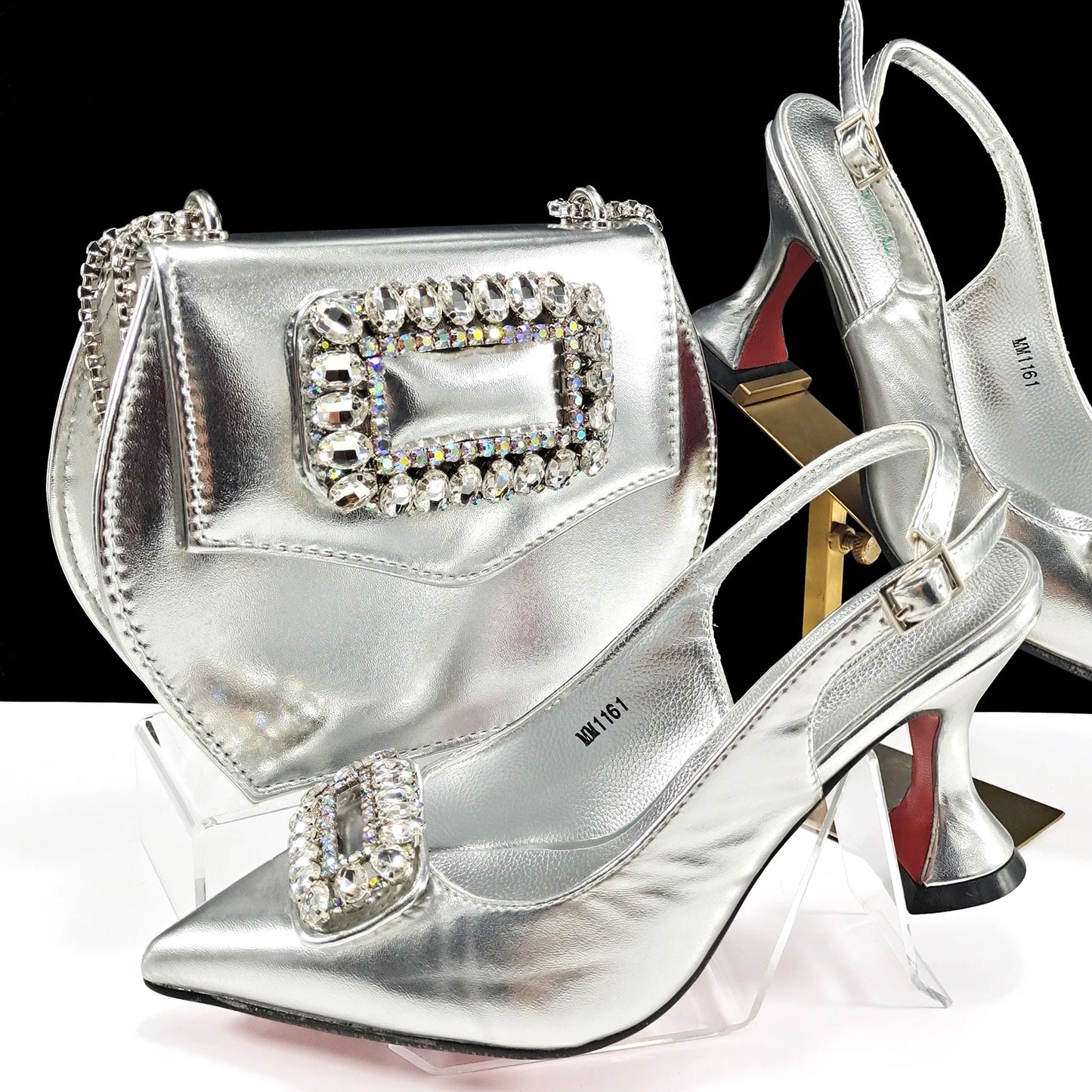 Italian Design Rhinestone-Encrusted Ladies Party Shoes & Special Bag Set - Women’s High Heels with Dual Purpose Wedding Bag