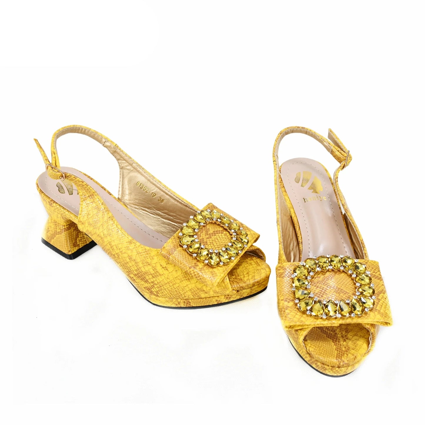 2025 Autumn Collection: Italian Women's Comfortable Mid Heel Shoes & Bag Set with Rhinestones in Vibrant Yellow