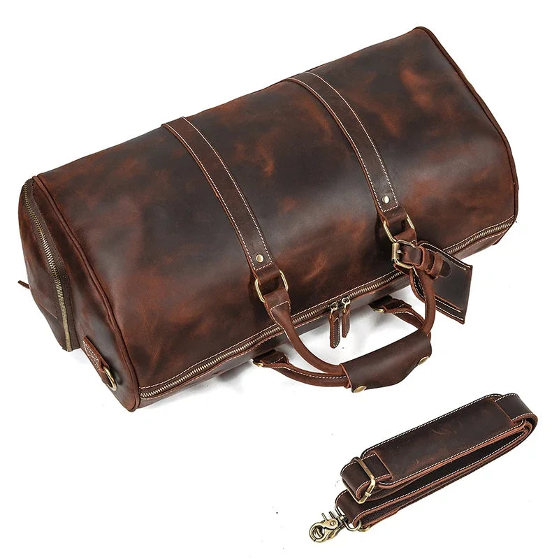 52cm Vintage Genuine Leather Travel Duffle Bag for Men: Large Cowhide Weekend Shoulder Bag