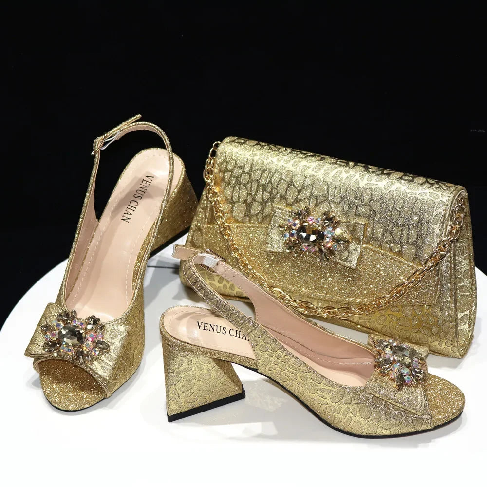 2025 New Fashion Italian Shoes and Bag Sets - Colorful Handbags with Stones for Evening Parties