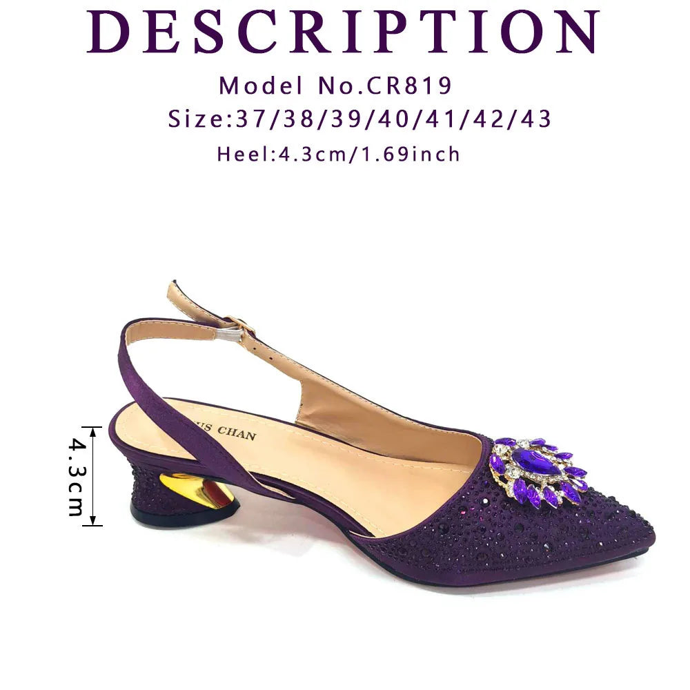 Purple 2025 Italian Design Girly Style Open Toe Shoes and Bag Set – Full Diamond Decoration with Appliques for Wedding Parties