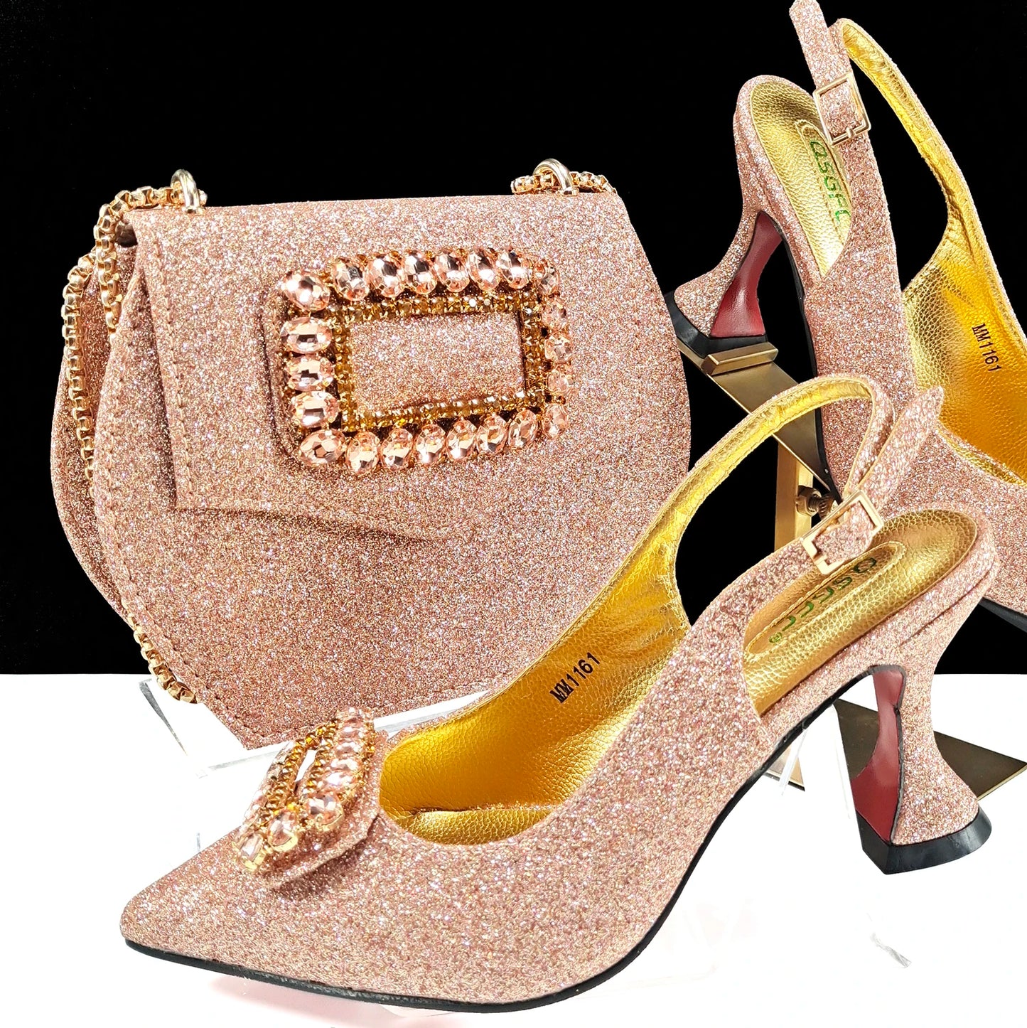 Italian Design Rhinestone-Encrusted Ladies Party Shoes & Special Bag Set - Women’s High Heels with Dual Purpose Wedding Bag