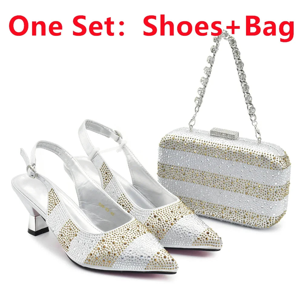 Luxury Women's Wedding Shoes & Bag Set - Italian Rhinestone-Embellished Pumps for Elegant Occasions