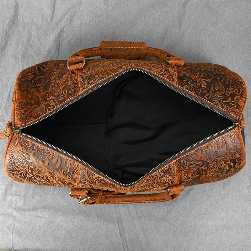 52cm Vintage Genuine Leather Travel Duffle Bag for Men: Large Cowhide Weekend Shoulder Bag