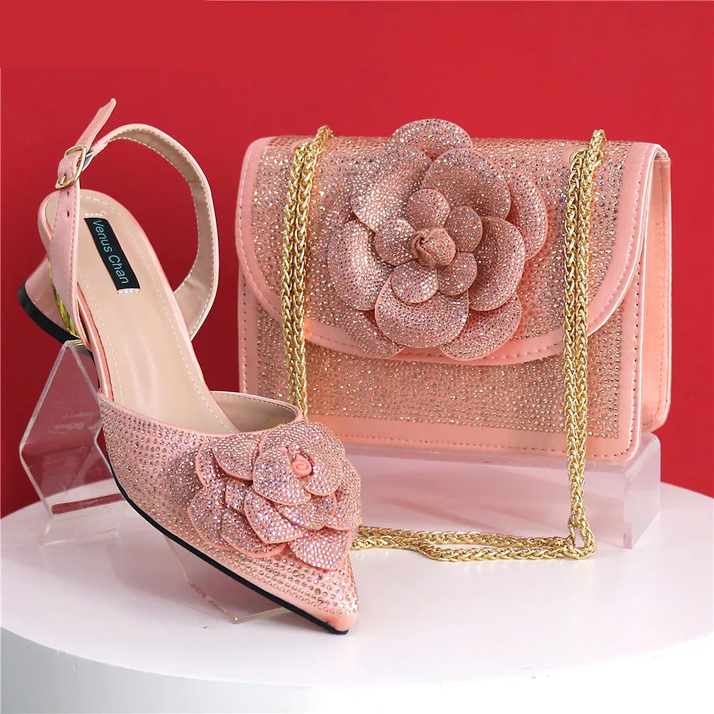 Peach Color Elegant Lady Shoes & Bag Set: Rhinestone Embellished with Pearl Knot