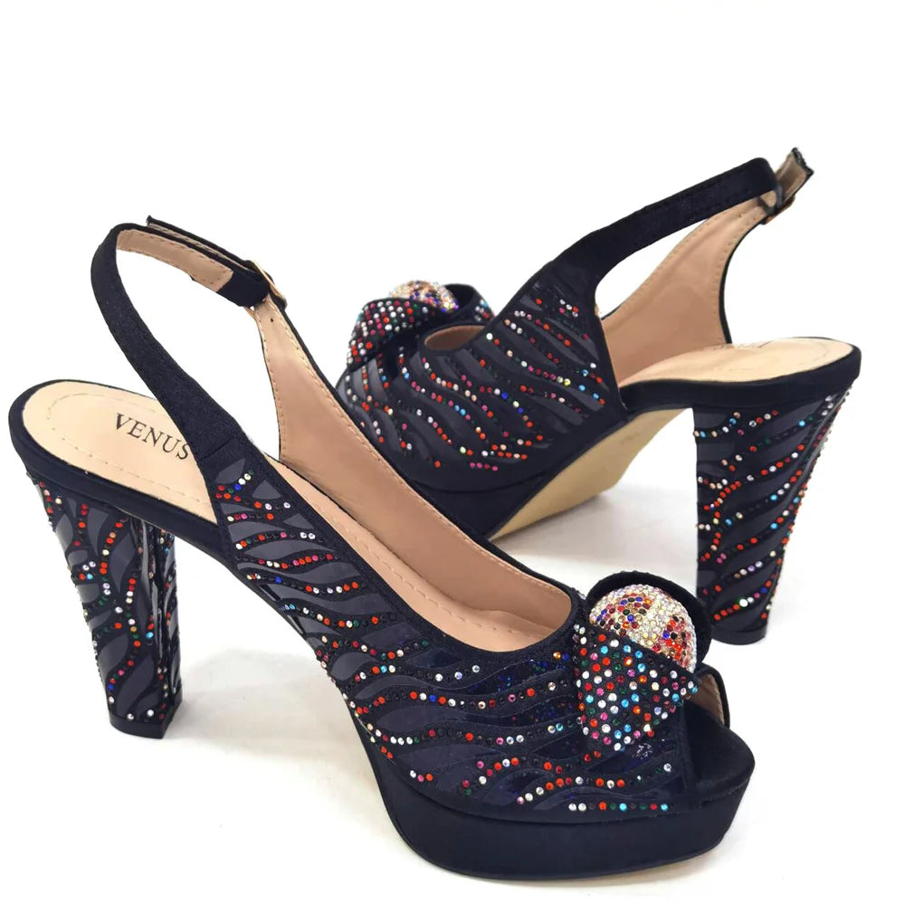 New Arrival: Black Color Women's Heel Shoes Matching Bag Set – Butterfly Design for Wedding Parties