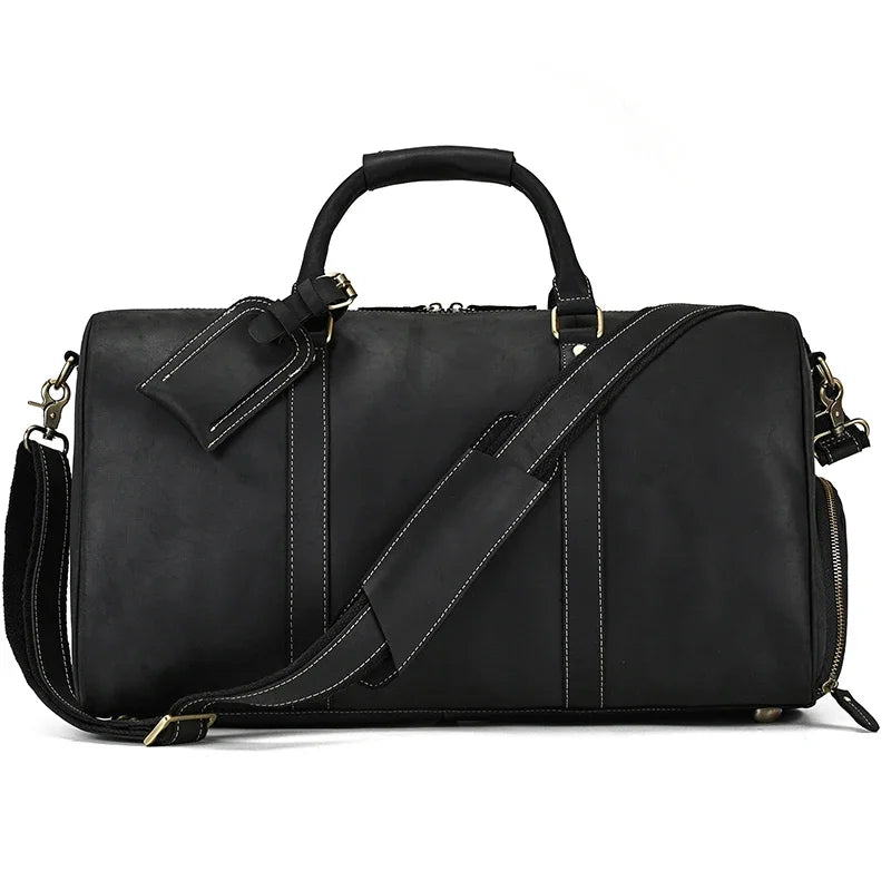 52cm Vintage Genuine Leather Travel Duffle Bag for Men: Large Cowhide Weekend Shoulder Bag