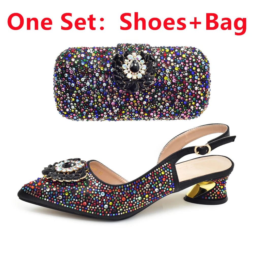 New Italian Shoe and Bag Set 2025 - High-Quality Luxury Full Diamond Design with Rhinestone Decoration