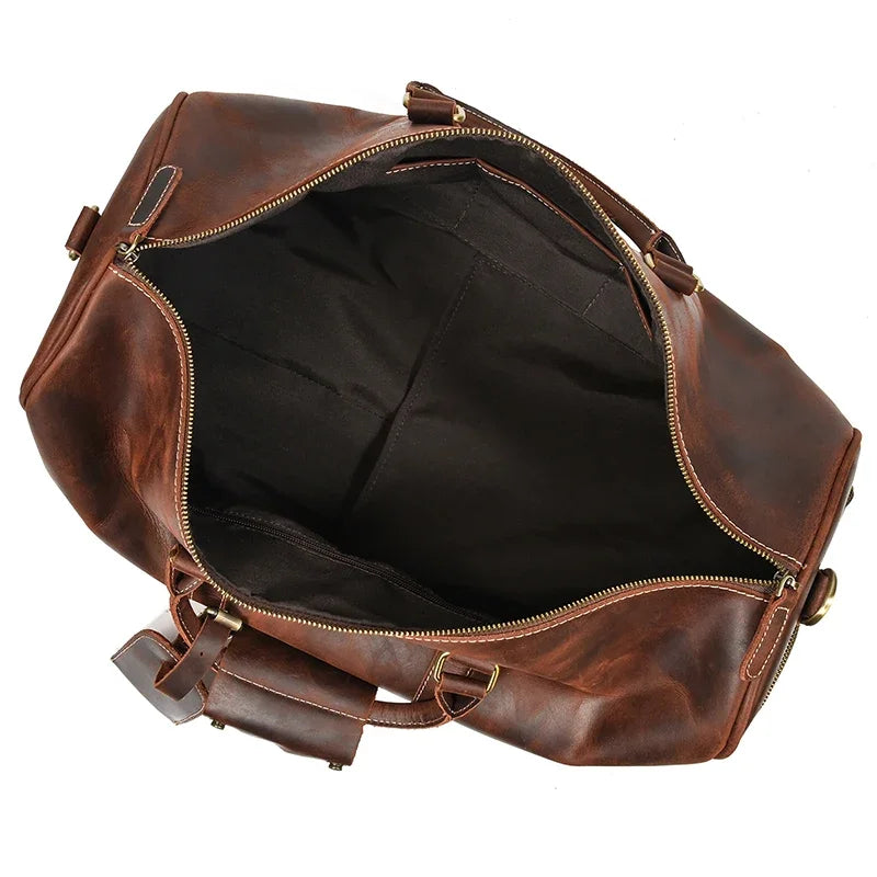 52cm Vintage Genuine Leather Travel Duffle Bag for Men: Large Cowhide Weekend Shoulder Bag