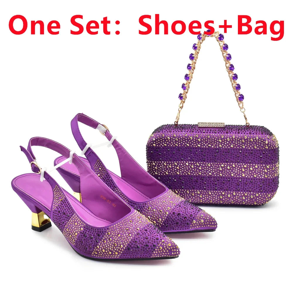 Luxury Women's Wedding Shoes & Bag Set - Italian Rhinestone-Embellished Pumps for Elegant Occasions