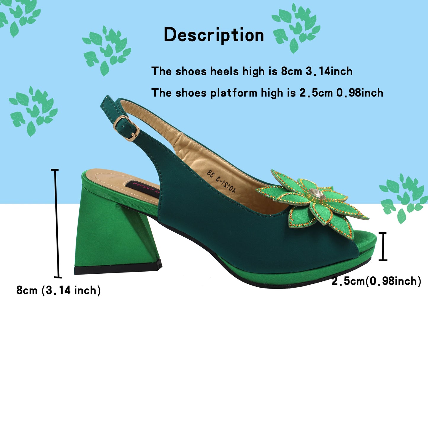 New Design Italian Women’s Shoes and Bag Set in Green - High-Quality Comfortable Heels with Appliqués for Weddings