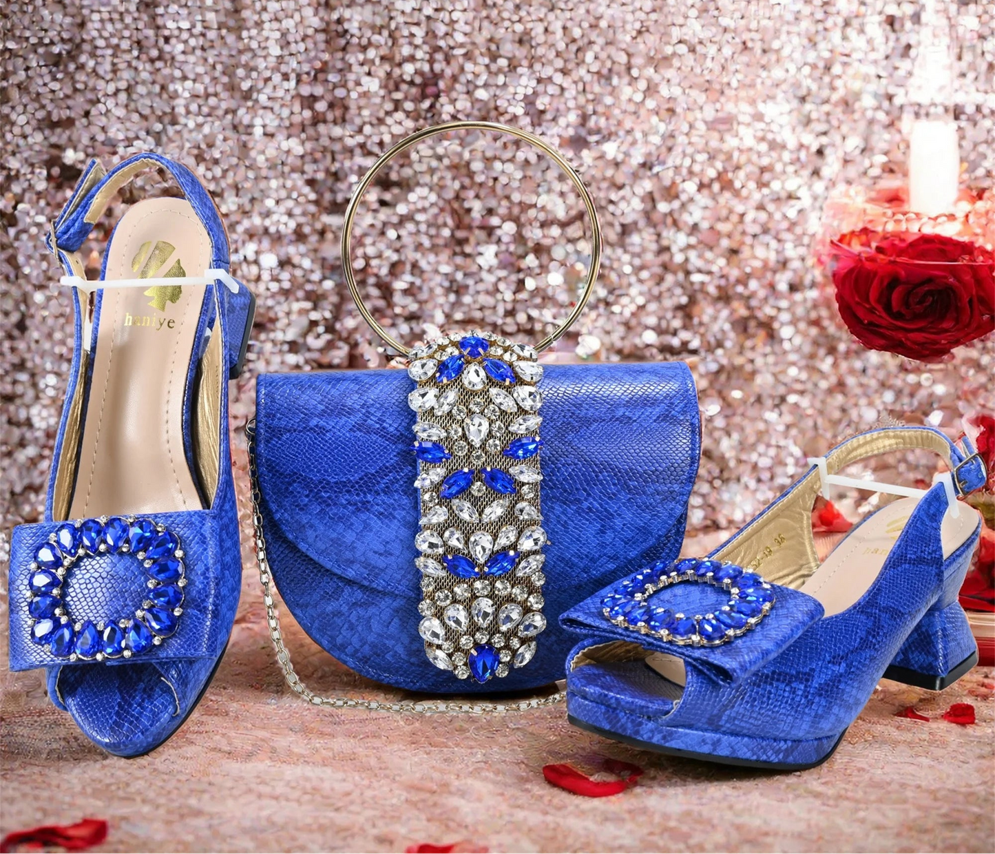 2025 Autumn Collection: Italian Women's Comfortable Mid Heel Shoes & Bag Set with Rhinestones in Vibrant Yellow